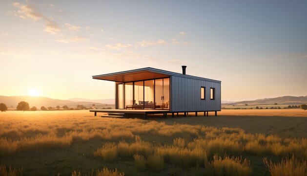 Minimal prefab tiny house in open rural grassland