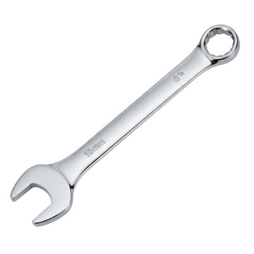 High-quality chrome steel combination wrench with 15mm and 6-inch specifications on a clean white background
