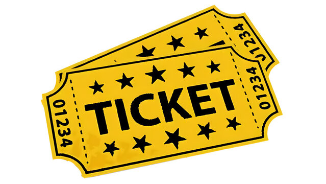 Bright yellow ticket stub with black stars and text for event entry