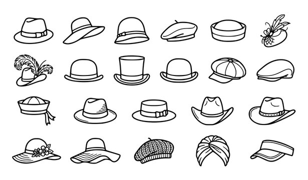 Elegant Fashion and Vintage Hats Outline Icon Collection with Fedoras Berets Cloche and Wide Brim Styles