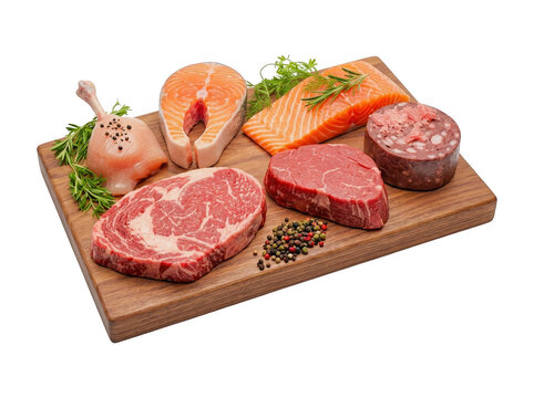 Assorted raw meat cuts including steak salmon poultry on a wooden cutting board salmon fillet butcher selection