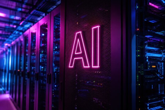 Neon AI logo glowing in a server room with purple and blue lights