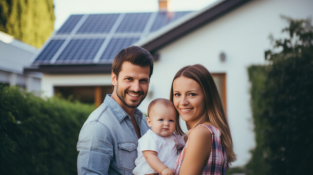 family home with solar panel. mother holding baby. father happy.