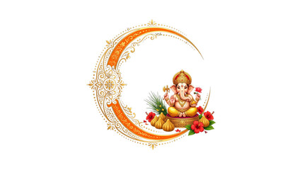 Fototapeta premium Ganesha sitting on lotus with modaks and crescent moon frame isolated on transparent background