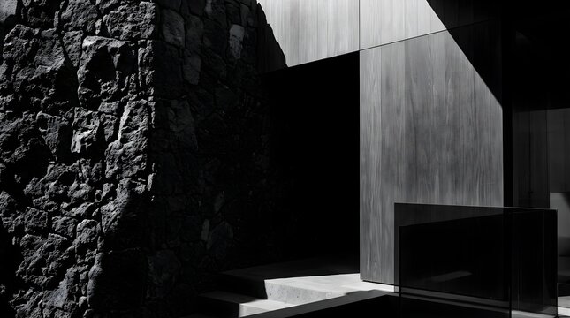 Modern architectural exterior with stone wall and wooden panel entrance