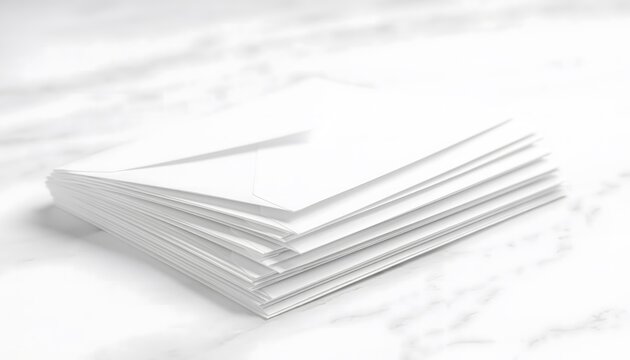 Photorealistic close-up of a stack of blank white business envelopes on a bright marble surface, minimalist office stationery for professional correspondence and mailing.