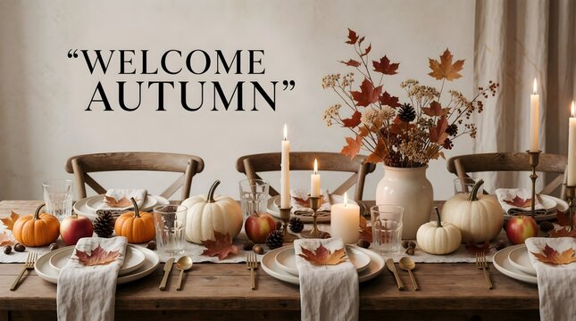 welcome autumn greeting with cozy dining table pumpkins candles and fall decor