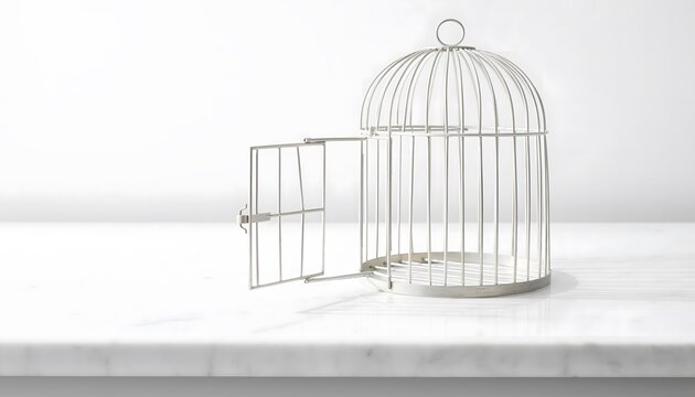 Minimalist photorealistic white birdcage with its door swung wide open on a clean marble surface, conceptualizing freedom, escape, and new life beginnings in a bright high-key studio setting.