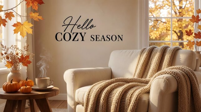 hello cozy season greeting with warm armchair blanket and autumn window view