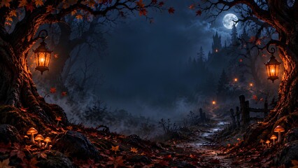 Obraz premium 満月の夜に浮かぶ古城とランタンが照らす秋の森 / Ancient castle and lanterns in autumn forest under full moon (Generative AI)