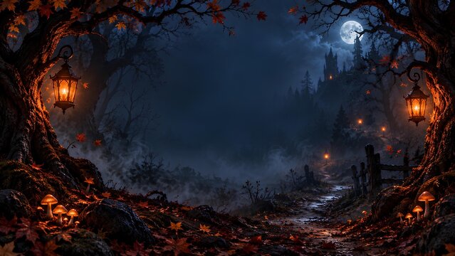 満月の夜に浮かぶ古城とランタンが照らす秋の森 / Ancient castle and lanterns in autumn forest under full moon (Generative AI)
