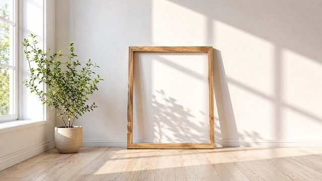 Empty Wooden Picture Frame Lean Against White Wall Interior