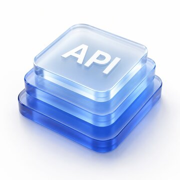 Translucent blue API buttons stacked with soft lighting against a white background for technology concepts
