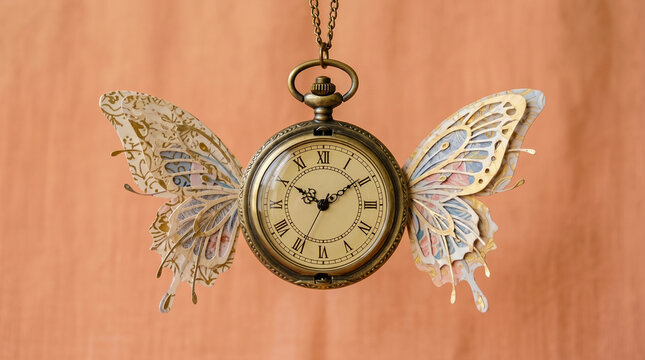 Steampunk pocket watch pendant with intricate butterfly wings hanging against a textured background.