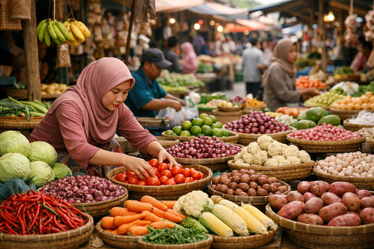 Indonesian Muslim Woman Selling Fresh Vegetables at Traditional Market
