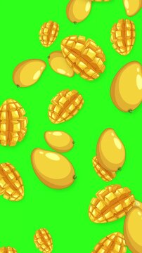 Vertical Animation of Whole and Sliced Mangoes Falling on Green Background