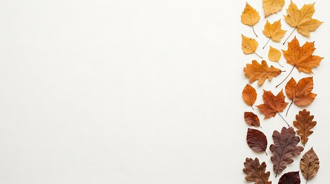 A vertical border of colorful dry autumn leaves arranged on the right side of a white background
