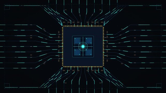 Animated 3d render of AI artificial intelligence in CPU chipset central processor unit and electric print circuit board