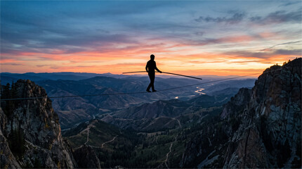 Fototapeta premium Silhouette of Person Highlining Across Mountain Canyon at Sunset