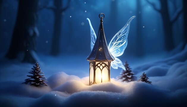 Magical lantern house with fairy wings in snowy winter forest