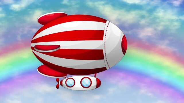 Cartoon Red and White Striped Blimp Flying Past a Rainbow