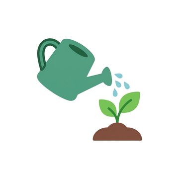 Watering can nurturing a young plant seedling in soil flat design vector icon