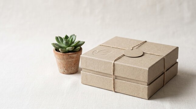 Cardboard gift box with a small succulent plant on fabric