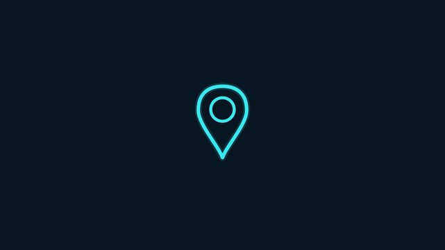 Glowing neon blue map pin icon on a dark background representing navigation and location