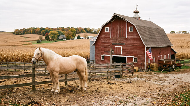 Palomino Horse by Red Barn on Prairie Farm with Autumn Cornfields