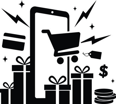 Online shopping experience featuring a smartphone with a virtual shopping cart, credit card, and stacked gift boxes