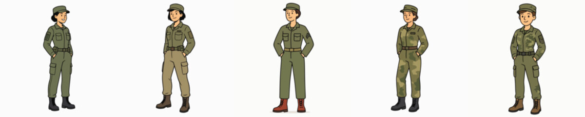Obraz premium A set of vector illustrations of a female soldier posing while standing with her hands in her pockets.