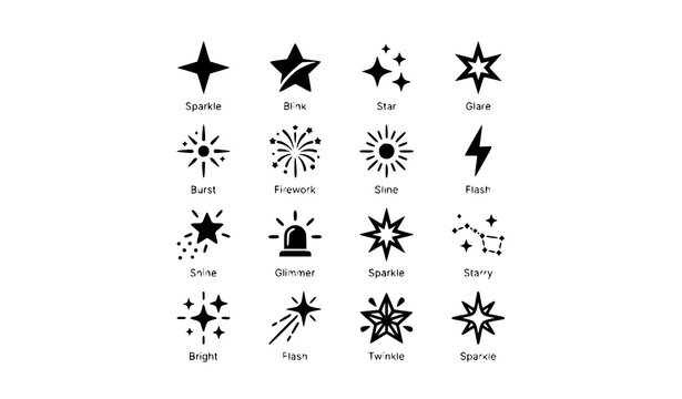 star, sparkle, icon, set, sky, celestial, shine, firework, comet, constellation, night, magic, glitter, twinkle, burst, glow, black, silhouette, symbol, sign, space, cosmic, editable, collection, vect