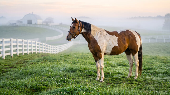 Pinto Horse Standing in Misty Pasture by White Fence at Sunrise