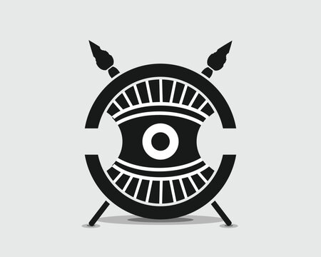Ancient Greek Dual-Notched Boeotian Peltast Shield with Rim and Crossed Spears in Black and White Vector Illustration