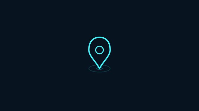 Minimalist blue neon location pin icon on a dark background. Glowing vector map pointer element