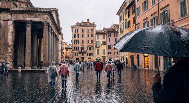 Tourists in Rain Ponchos Walking Across Wet Cobblestone Piazza Near Pantheon in Rome Italy