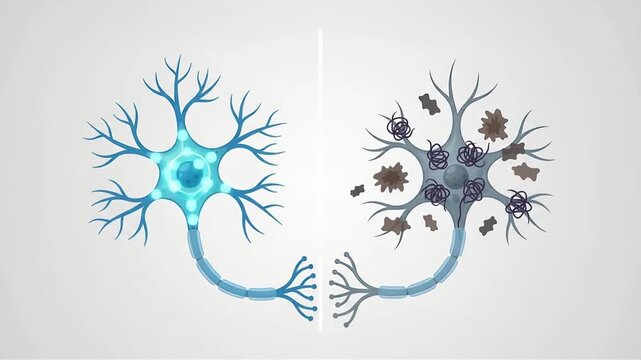 Neuron comparison graphic showing healthy glowing nerve cells versus damaged cells with dark toxic buildup against a neutral background.