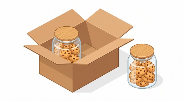 Isometric illustration of an open cardboard box with a glass jar of cookies