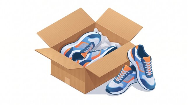 Isometric illustration of an open cardboard box with a pair of sneakers