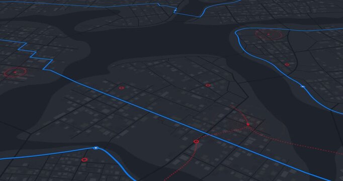 Animated Geospatial City Transit Map with Red Route and Blue Network. Isometric surveillance map with expanding red path and pulsing target icons