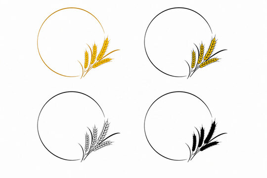 Elegant circular logo set, minimalist wheat stalk design, golden and black grain motifs, frame for bakery and agribusiness, organic branding vector template