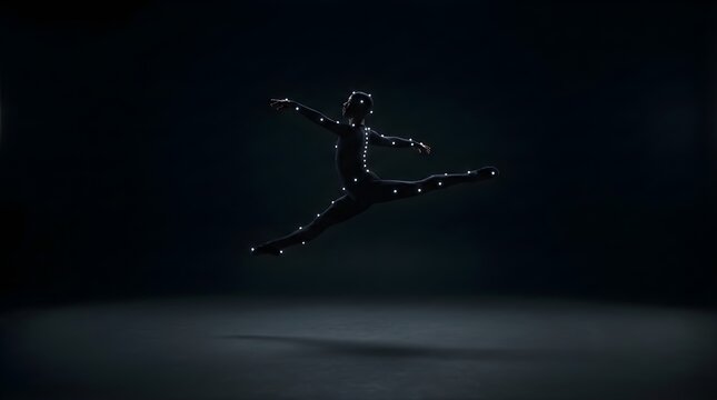 Dancer wearing motion capture suit leaping in studio with dark background
