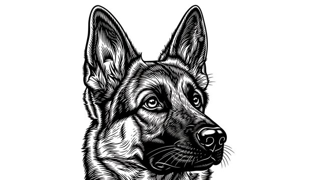 Detailed woodcut style portrait of a majestic german shepherd dog looking directly at the viewer