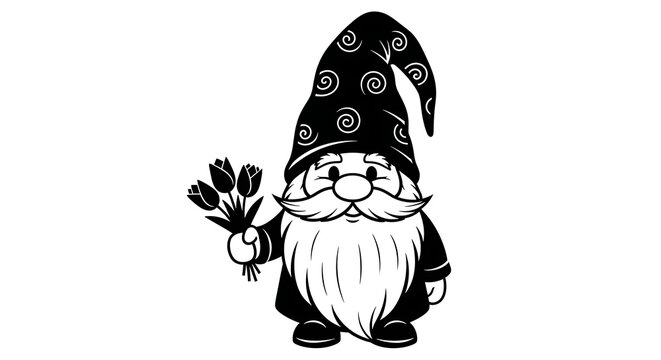 Vintage style illustration of a charming garden gnome holding a bouquet of wildflowers in black and white