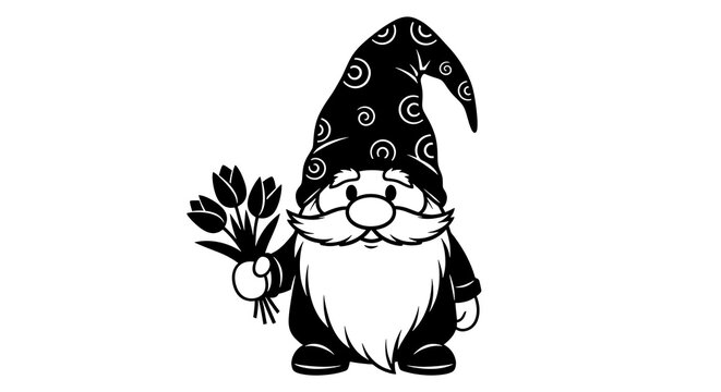 Vintage style illustration of a whimsical garden gnome holding a bouquet of dark flowers in a black and white sketch