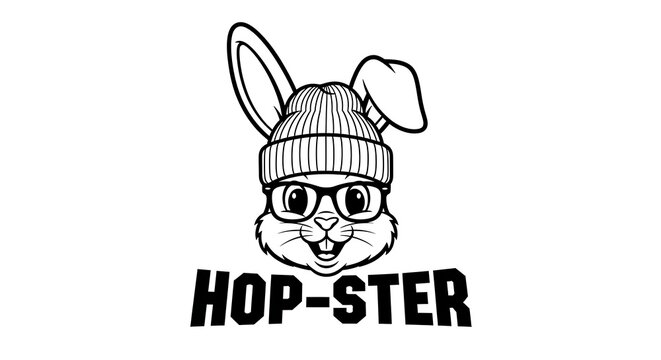Cool rabbit wearing a beanie and glasses with the word hopster below in bold letters