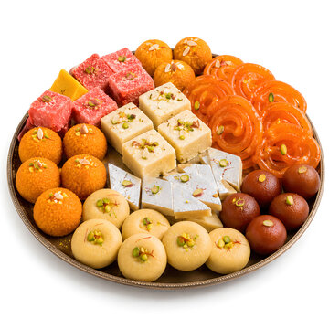 Assorted Indian Sweets Platter with Laddu, Jalebi, Kaju Katli, Gulab Jamun, Peda, and Barfi for Diwali