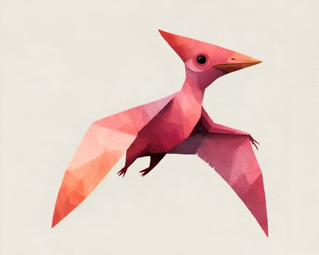 Geometric pink pterodactyl in flight, abstract stylized illustration with watercolor texture