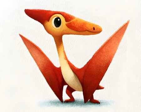Cute cartoon pterodactyl dinosaur with big eyes and orange wings, flying fantasy creature