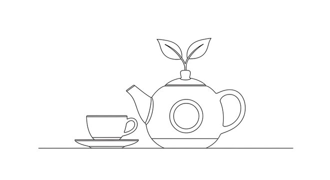 Elegant hand drawn teapot and teacup set illustration on a simple tray with floral accents